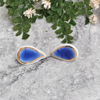Cobalt blue fine ceramic porcelain hypoallergenic stud designer earrings for sensitive ears with 22k gold plating - embossed plant