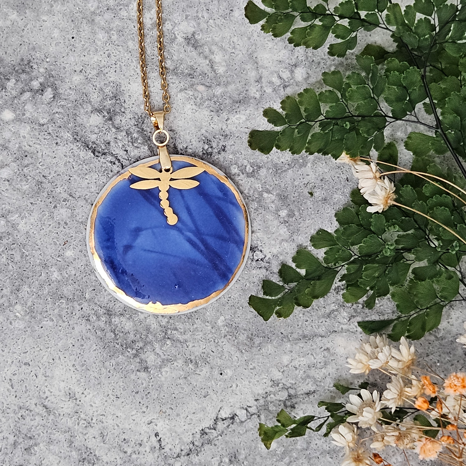 Cobalt blue fine ceramic porcelain designer necklace - embossed plant with 22k gold plating and dragonfly pendant