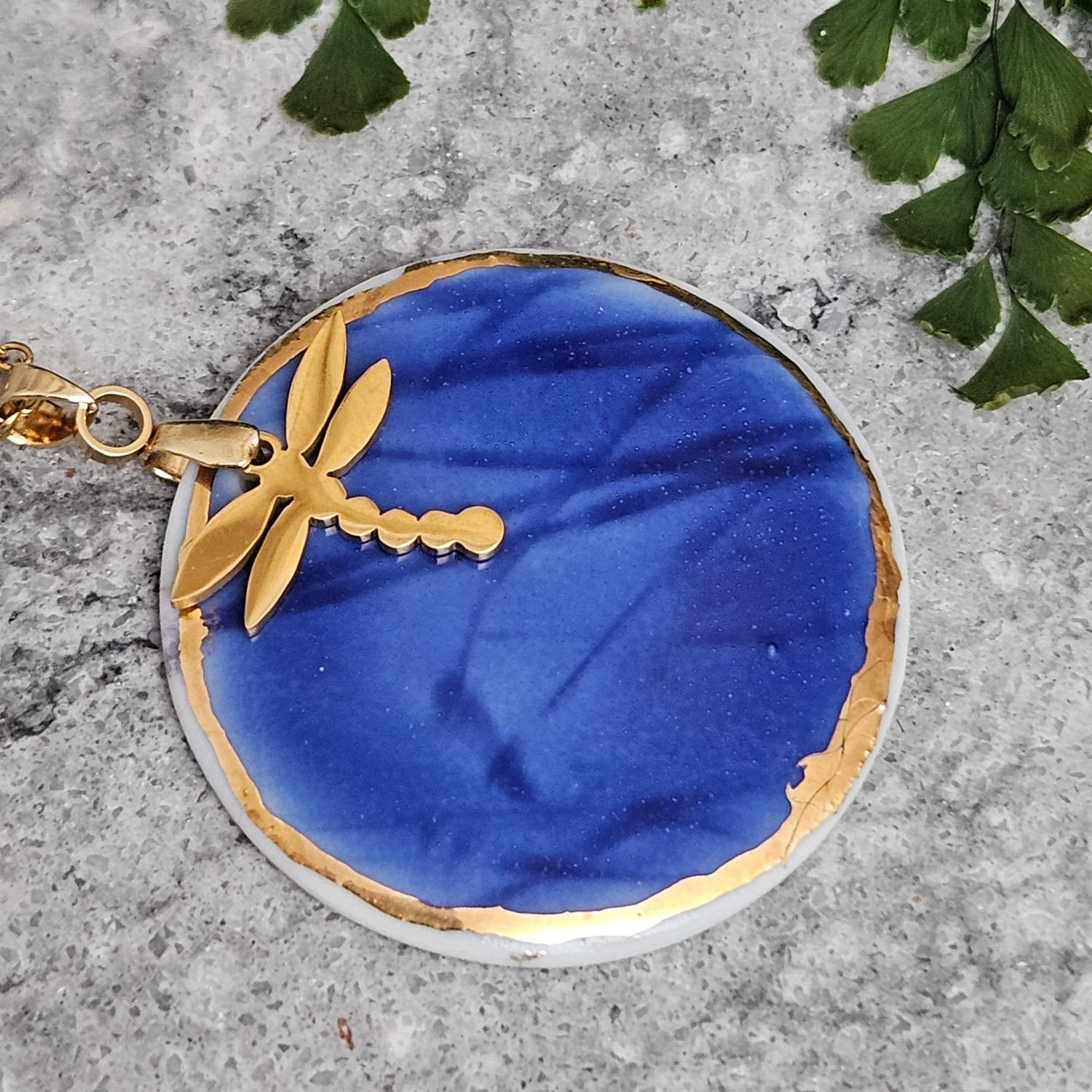 Cobalt blue fine ceramic porcelain designer necklace - embossed plant with 22k gold plating and dragonfly pendant - Image 2