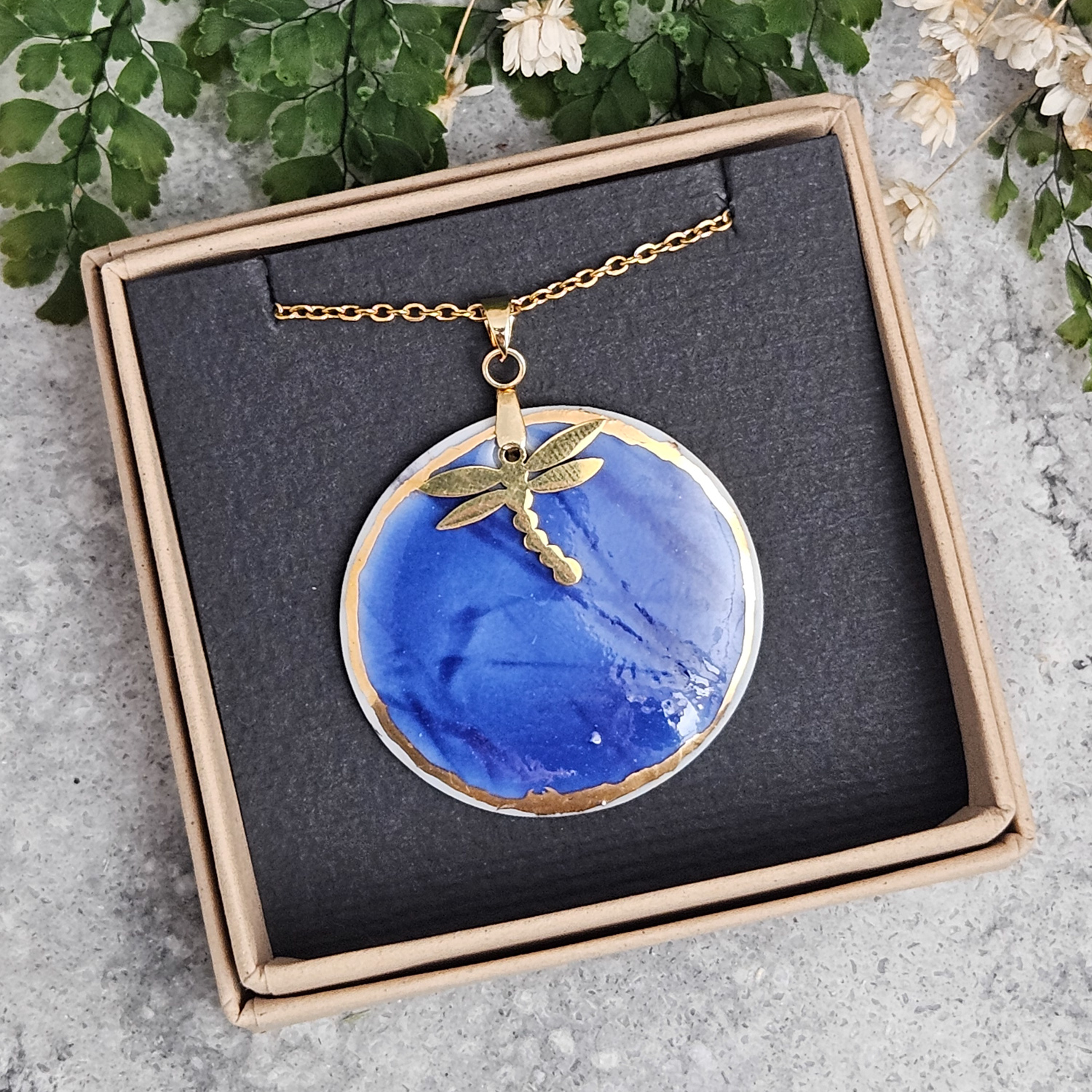 Cobalt blue fine ceramic porcelain designer necklace - embossed plant with 22k gold plating and dragonfly pendant - Image 4