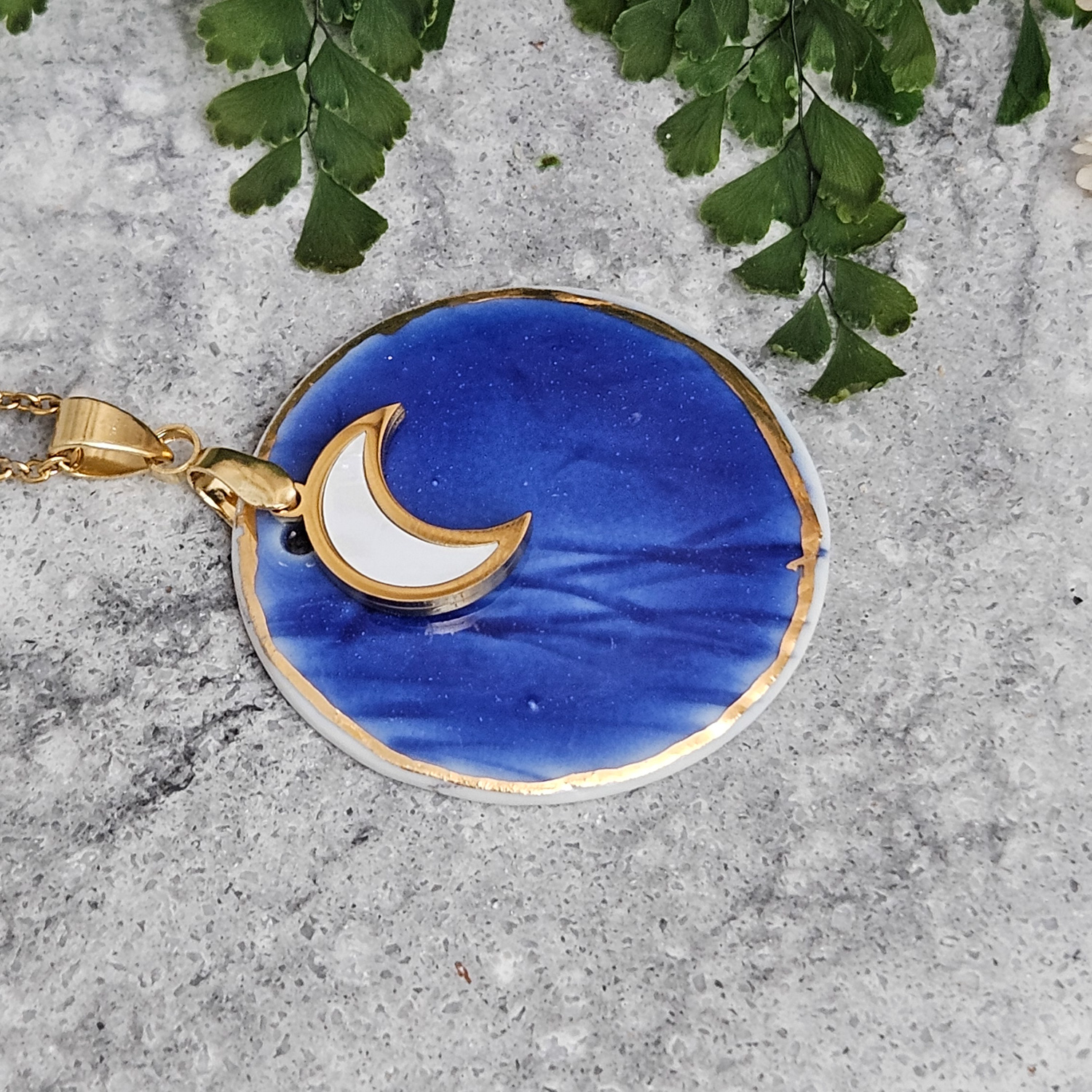Cobalt blue fine ceramic porcelain designer necklace - embossed plant with 22k gold plating and moon pendant - Image 2