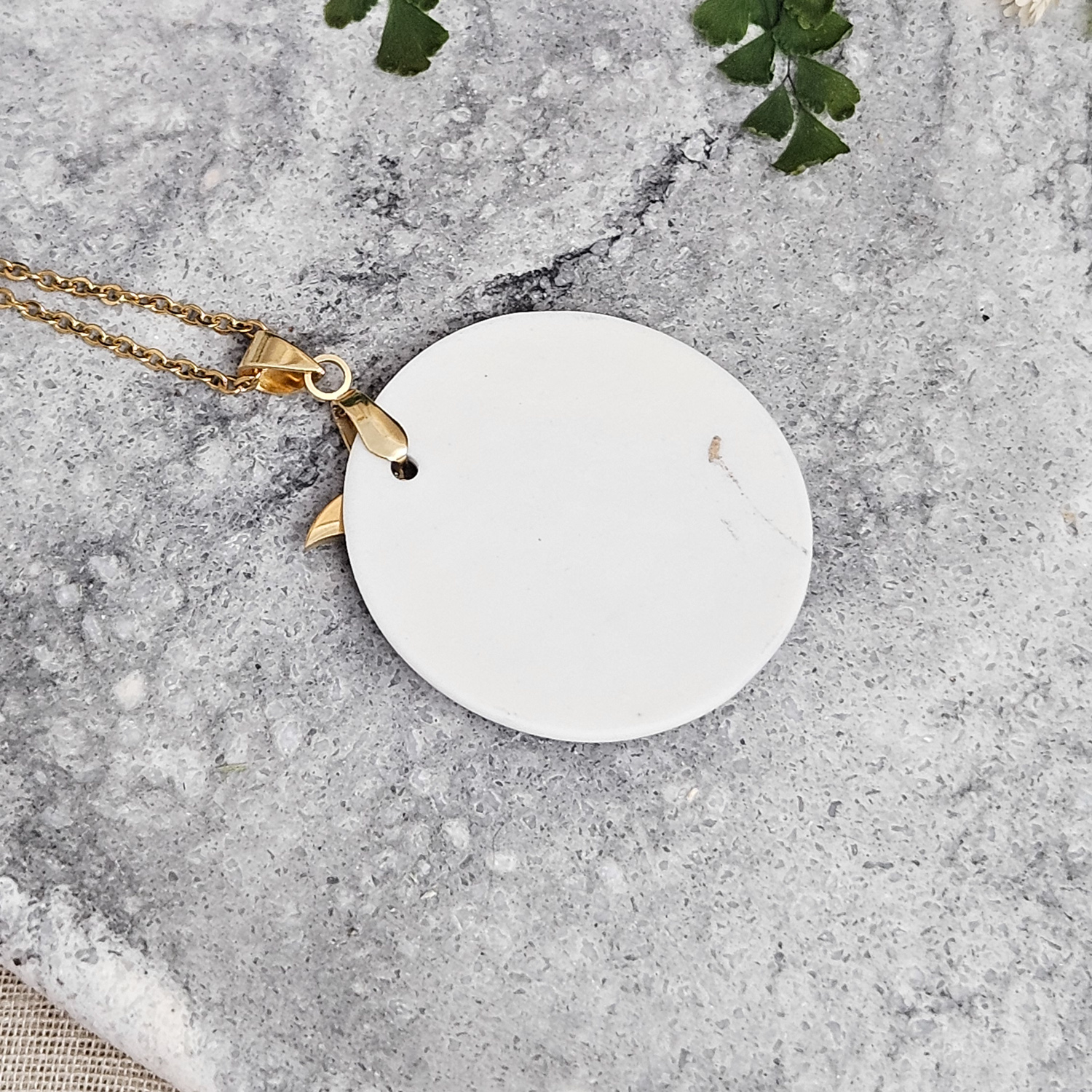 Cobalt blue fine ceramic porcelain designer necklace - embossed plant with 22k gold plating and moon pendant - Image 3