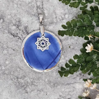 Cobalt blue fine ceramic porcelain designer necklace - embossed plant with silver white gold and star pendant