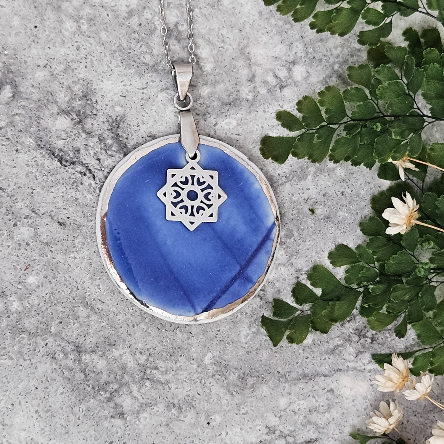 Cobalt blue fine ceramic porcelain designer necklace - embossed plant with silver white gold and star pendant
