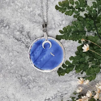 Cobalt blue fine ceramic porcelain designer necklace - embossed plant with silver white gold and moon pendant