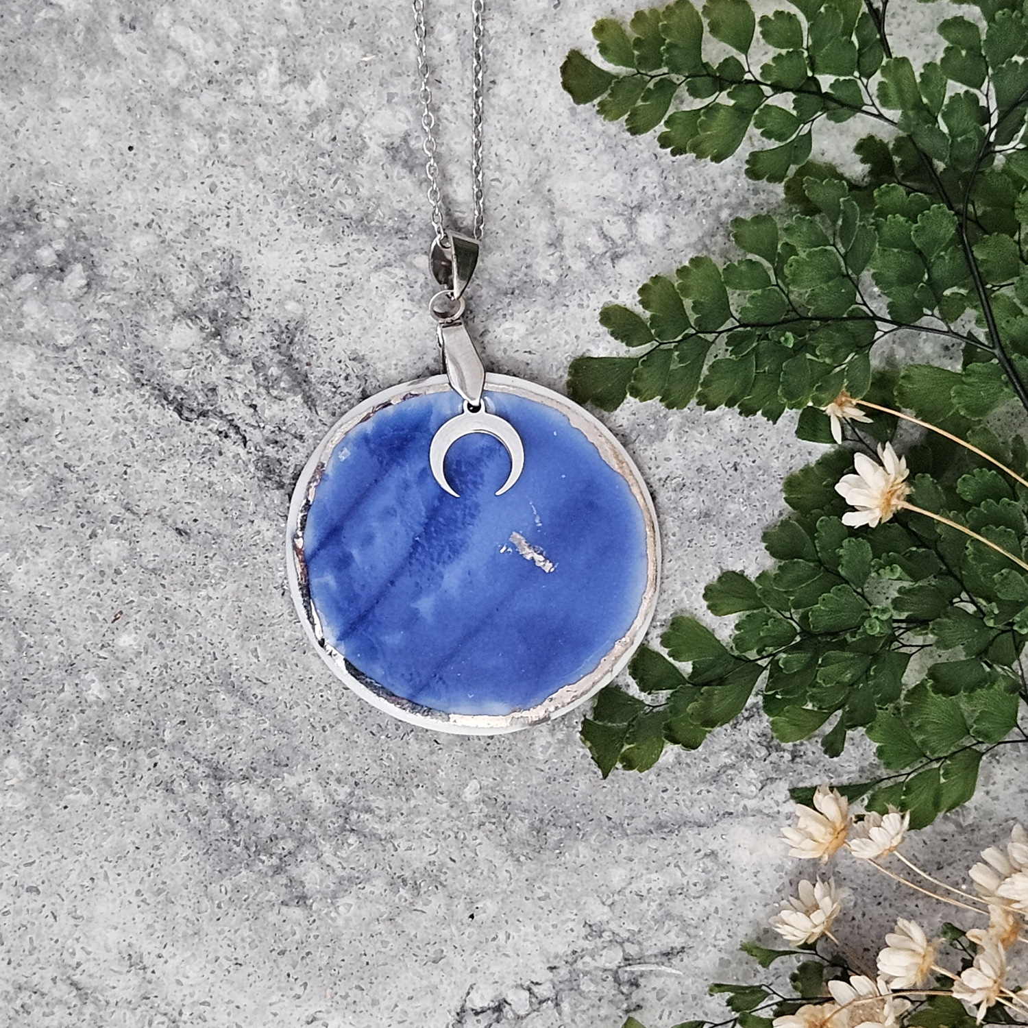 Cobalt blue fine ceramic porcelain designer necklace - embossed plant with silver white gold and moon pendant