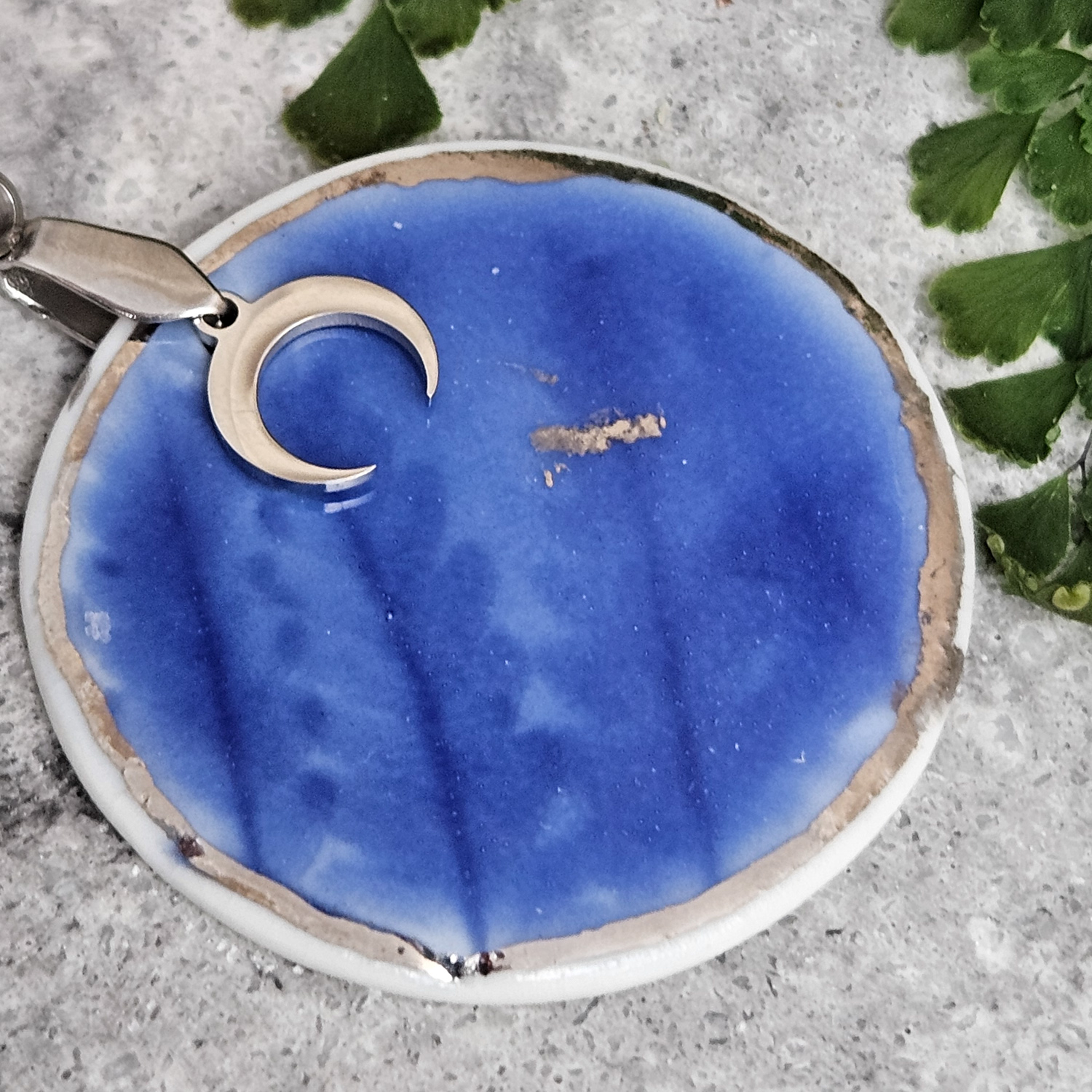Cobalt blue fine ceramic porcelain designer necklace - embossed plant with silver white gold and moon pendant - Image 2
