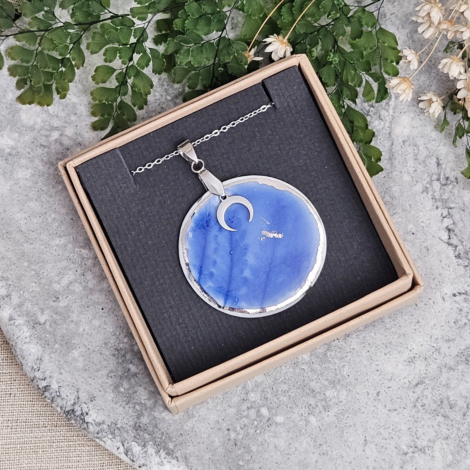 Cobalt blue fine ceramic porcelain designer necklace - embossed plant with silver white gold and moon pendant - Image 4