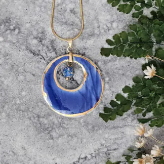 Cobalt blue fine ceramic porcelain designer necklace - embossed plant with 22k gold plating and jasper