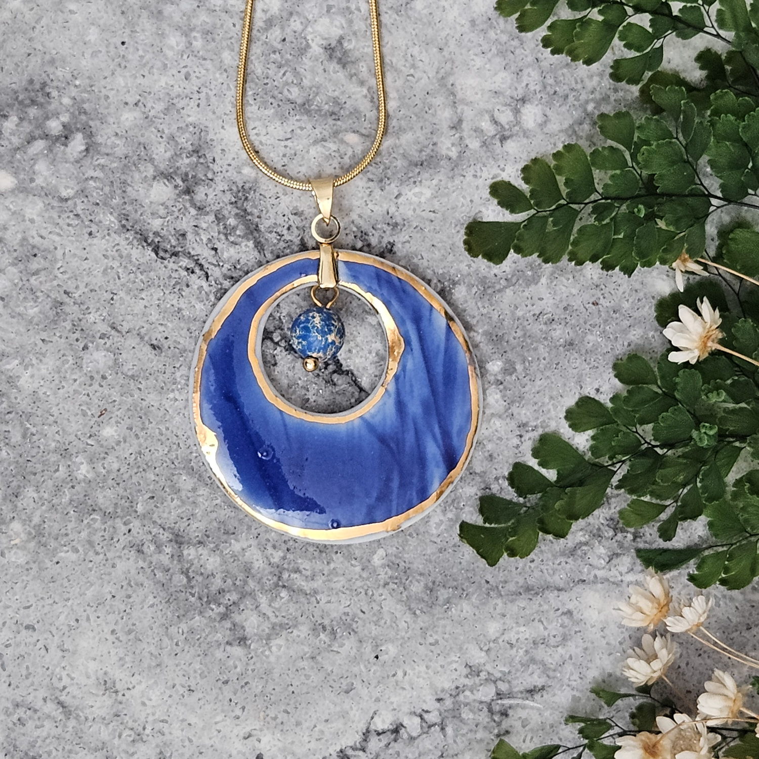 Cobalt blue fine ceramic porcelain designer necklace - embossed plant with 22k gold plating and jasper