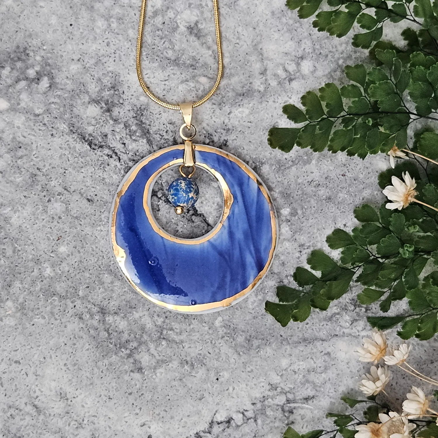 Cobalt blue fine ceramic porcelain designer necklace - embossed plant with 22k gold plating and jasper