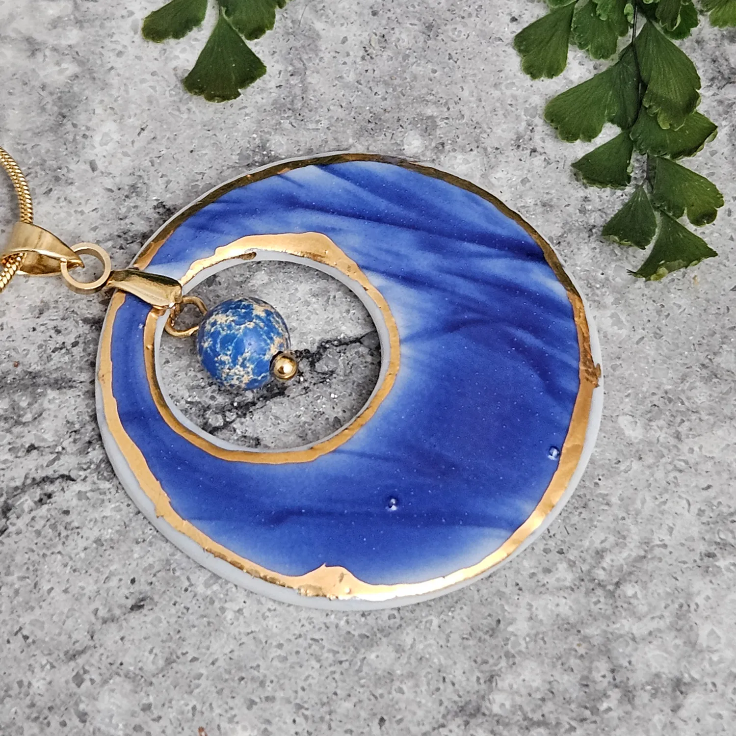 Cobalt blue fine ceramic porcelain designer necklace - embossed plant with 22k gold plating and jasper - Image 2