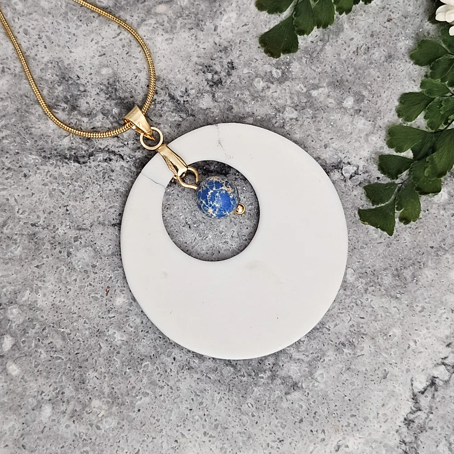 Cobalt blue fine ceramic porcelain designer necklace - embossed plant with 22k gold plating and jasper - Image 3