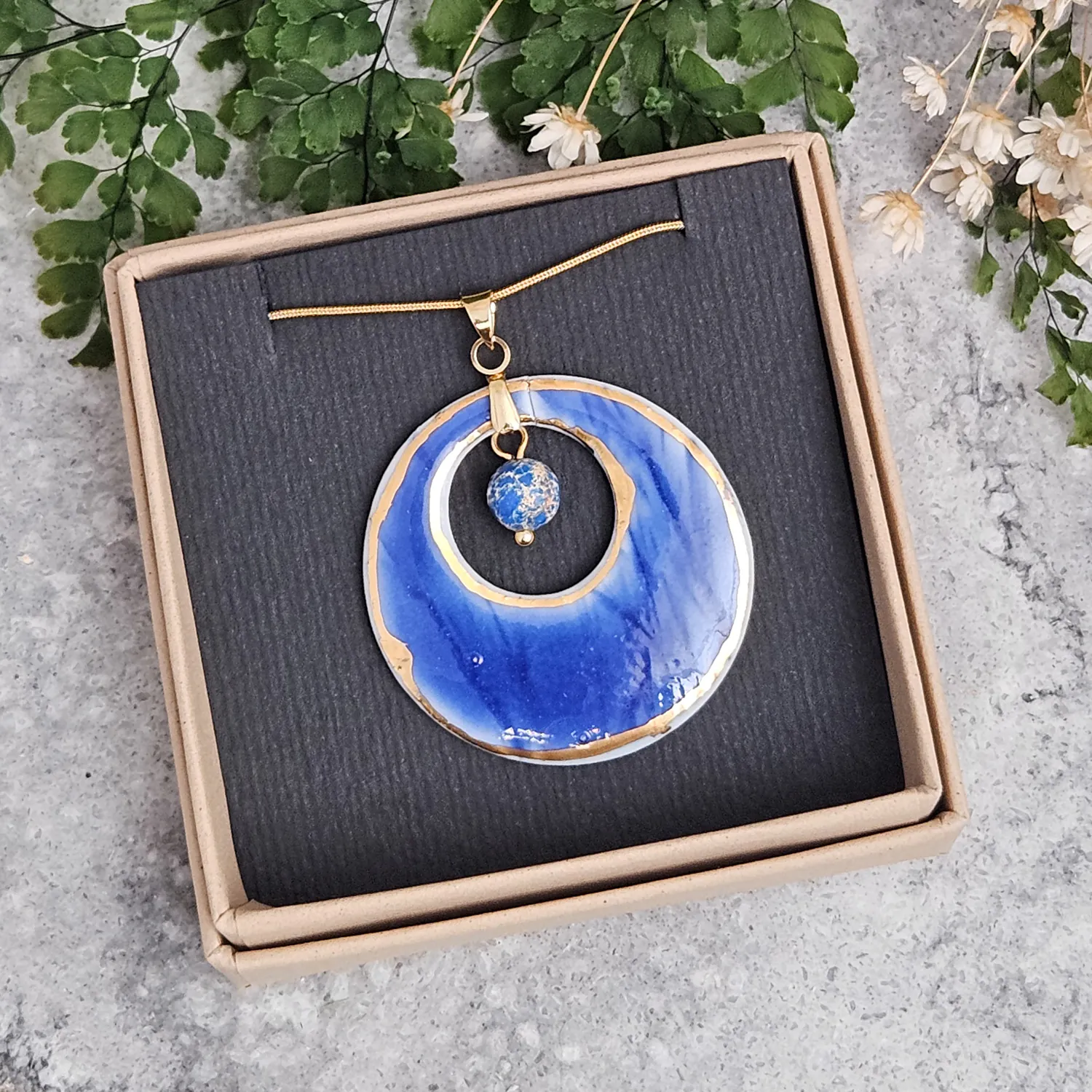 Cobalt blue fine ceramic porcelain designer necklace - embossed plant with 22k gold plating and jasper - Image 4