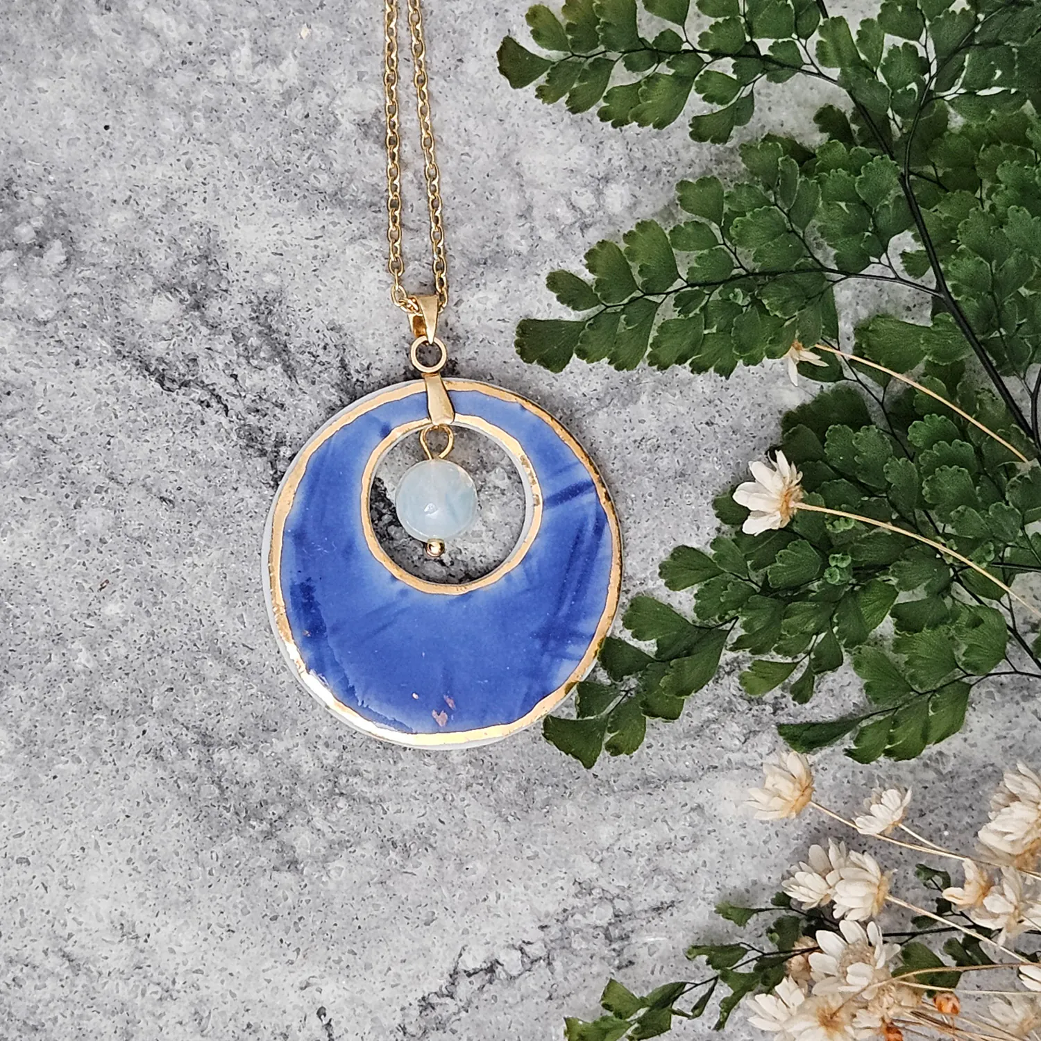 Cobalt blue fine ceramic porcelain designer necklace - embossed plant with 22k gold plating and opal