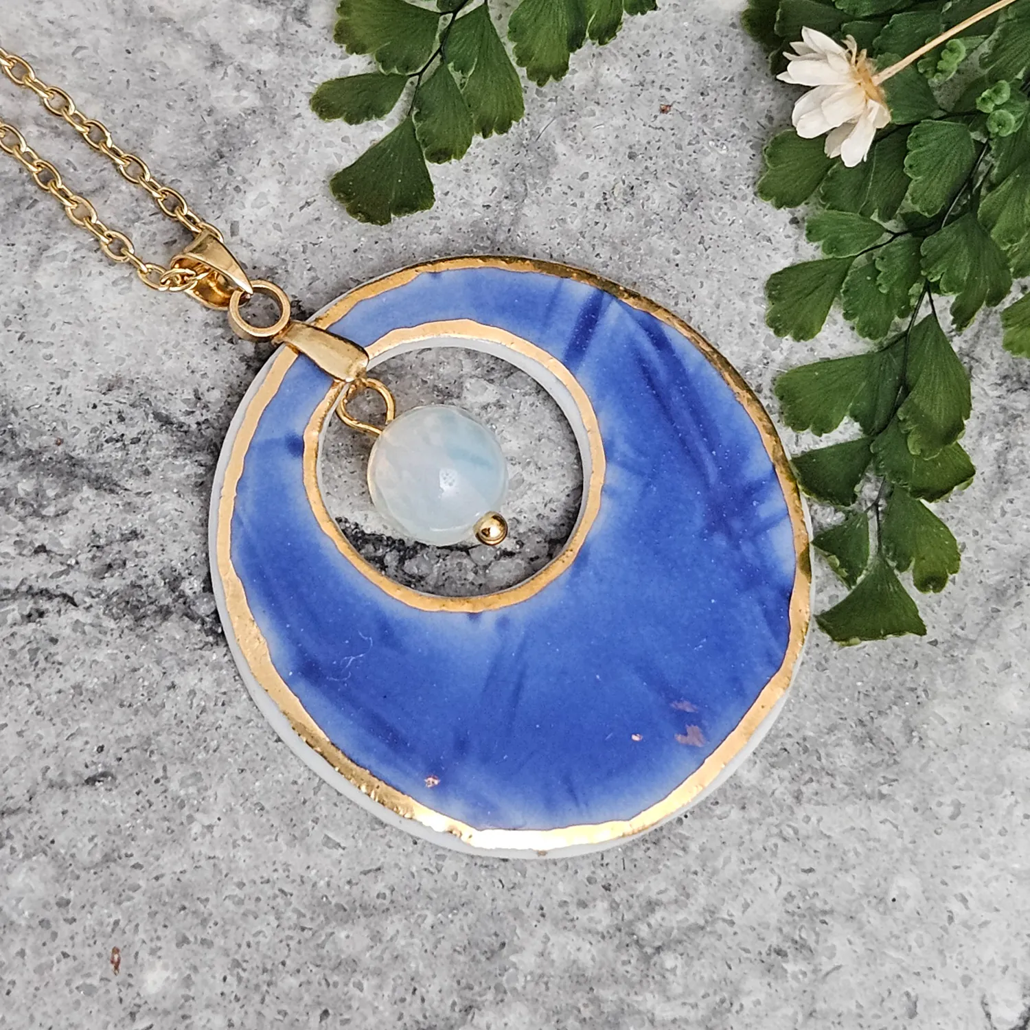 Cobalt blue fine ceramic porcelain designer necklace - embossed plant with 22k gold plating and opal - Image 2