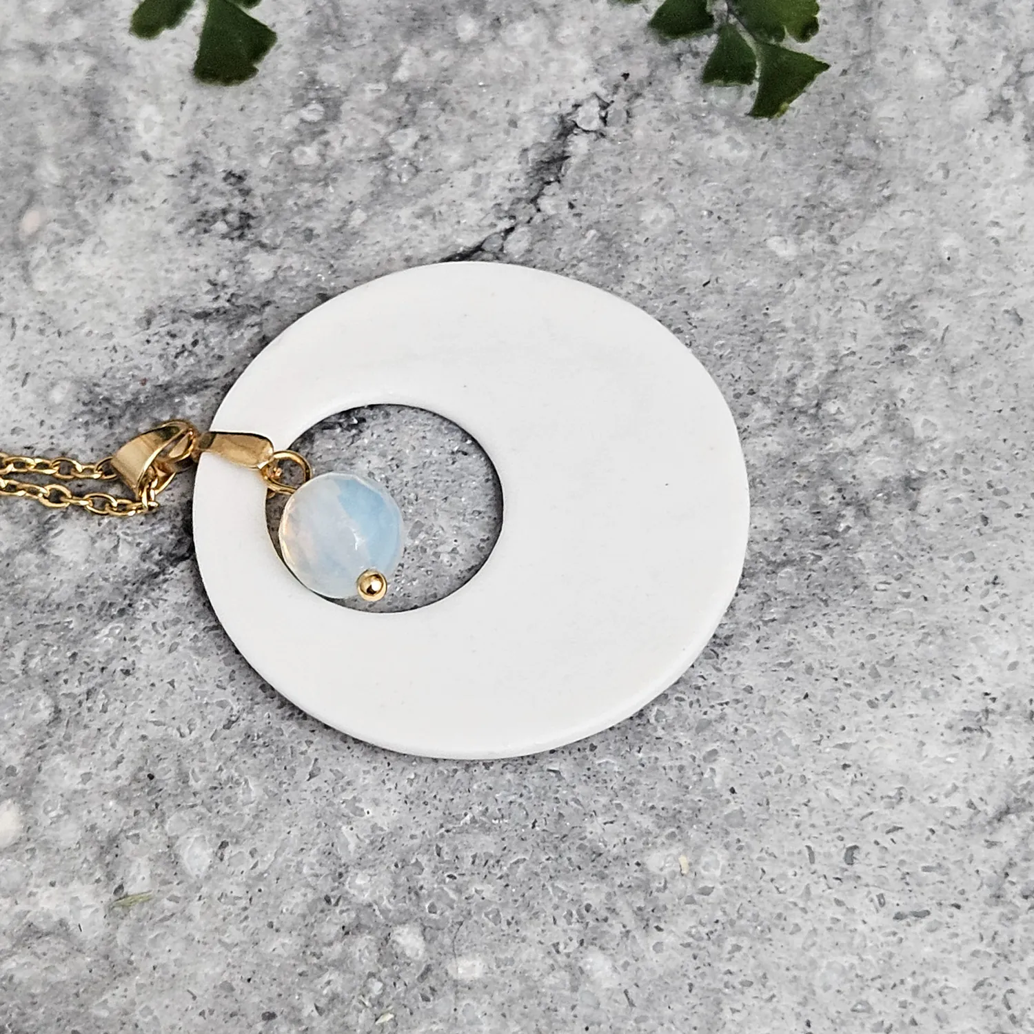 Cobalt blue fine ceramic porcelain designer necklace - embossed plant with 22k gold plating and opal - Image 3