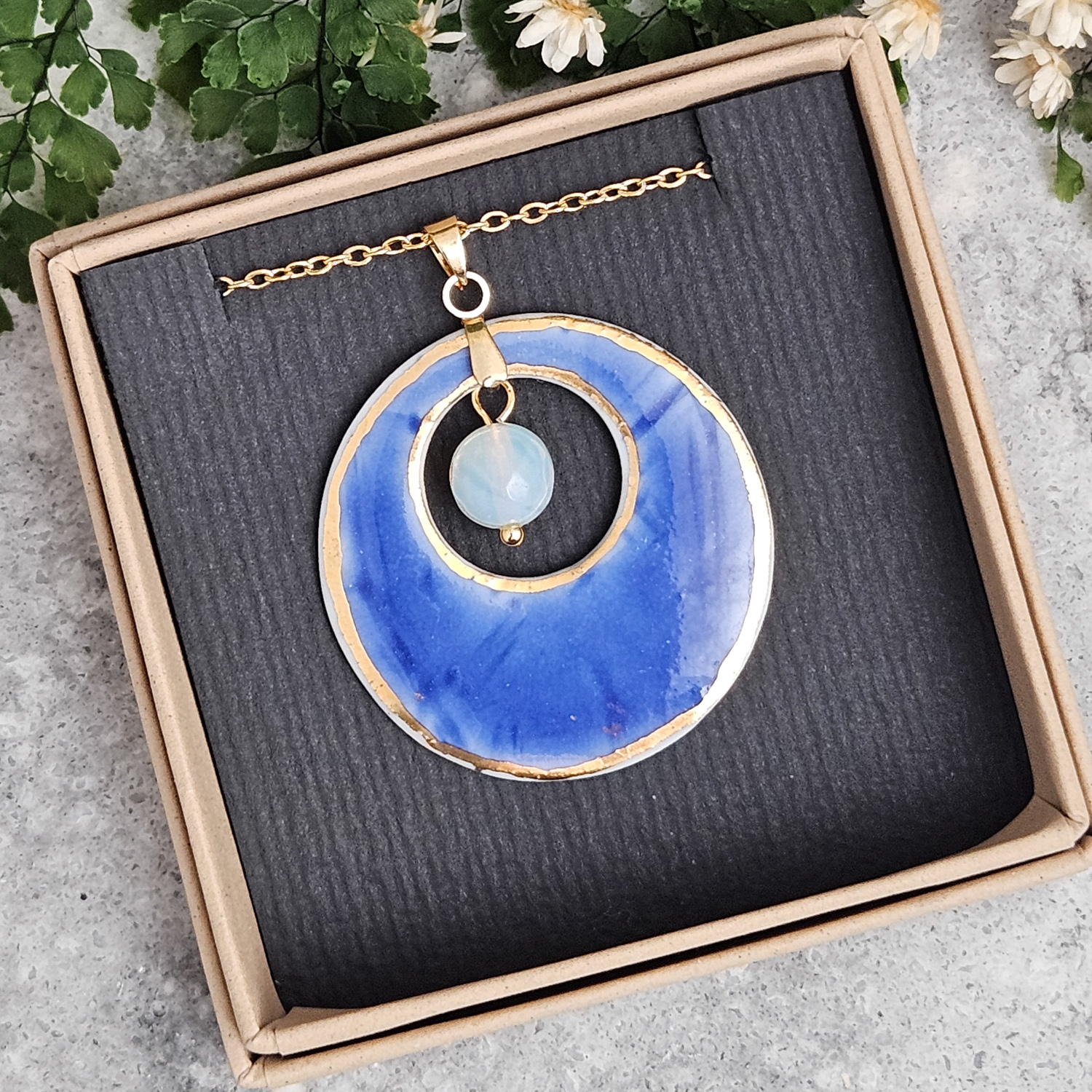 Cobalt blue fine ceramic porcelain designer necklace - embossed plant with 22k gold plating and opal - obrazek 4