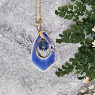 Cobalt blue fine ceramic porcelain designer necklace - embossed plant with 22k gold plating and fluorite
