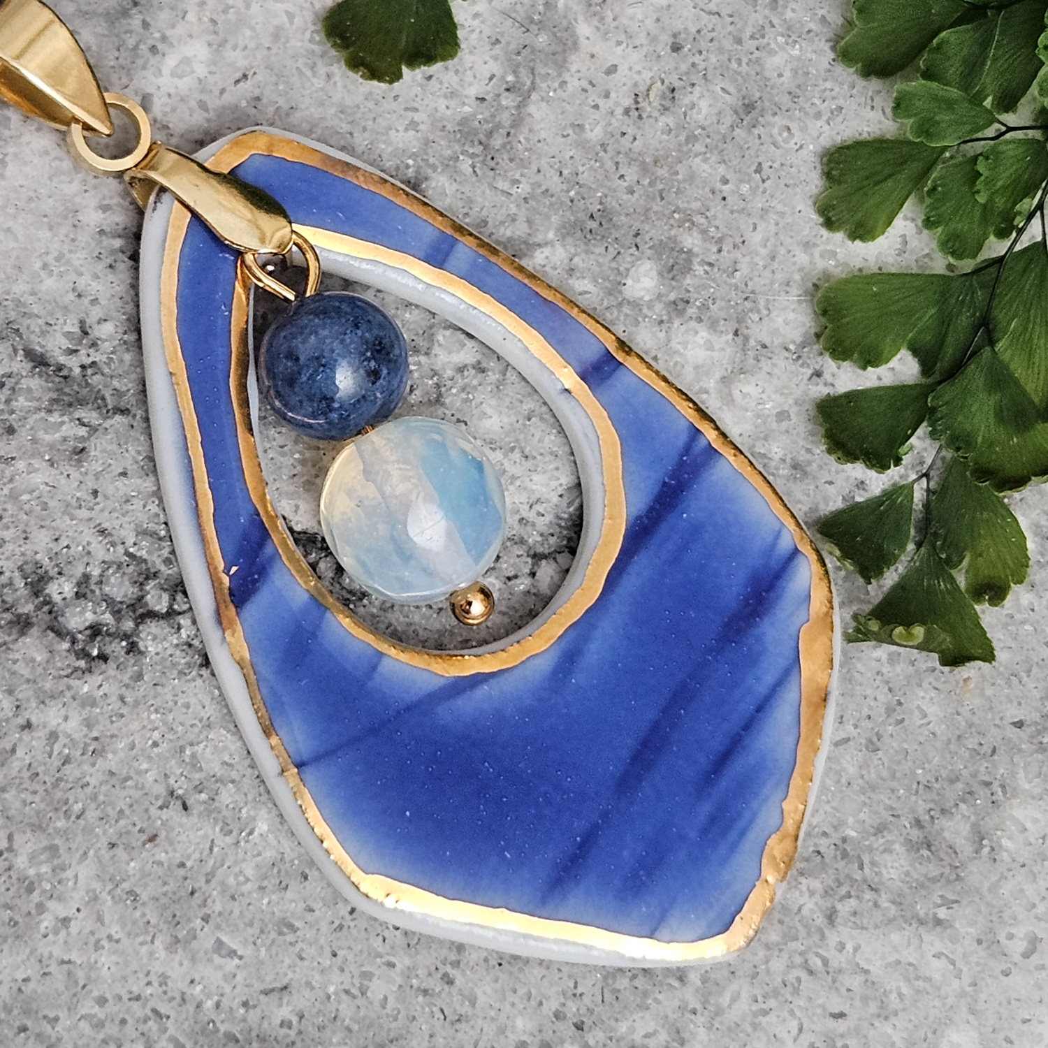 Cobalt blue fine ceramic porcelain designer necklace - embossed plant with 22k gold plating, dumortierite, and opal - Image 2