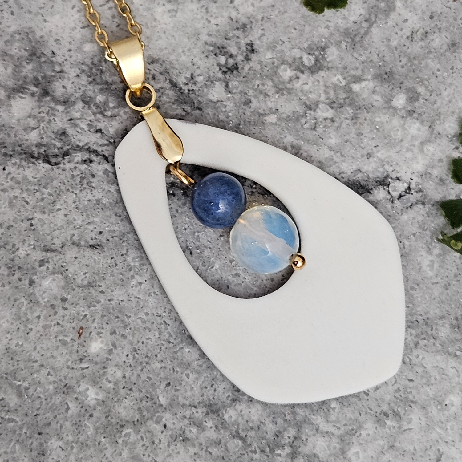 Cobalt blue fine ceramic porcelain designer necklace - embossed plant with 22k gold plating, dumortierite, and opal - Image 3