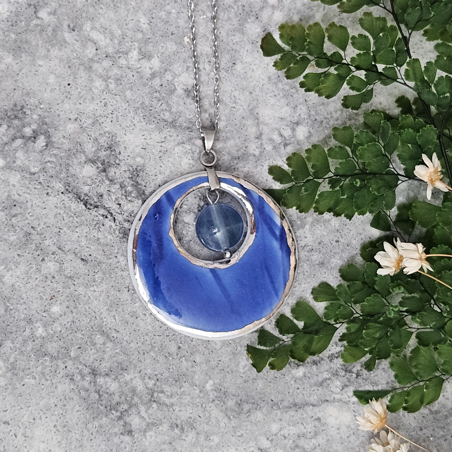 Cobalt blue fine ceramic porcelain designer necklace - embossed plant with silver accents (white gold) and fluorite
