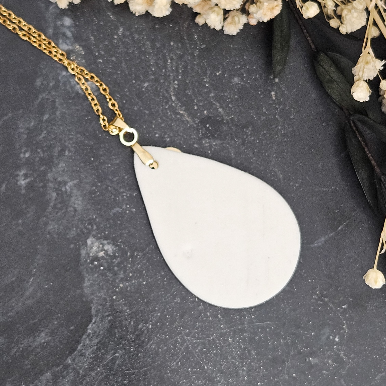Cobalt blue fine ceramic porcelain designer necklace - embossed plant with 22k gold plating and moon pendant - Image 3
