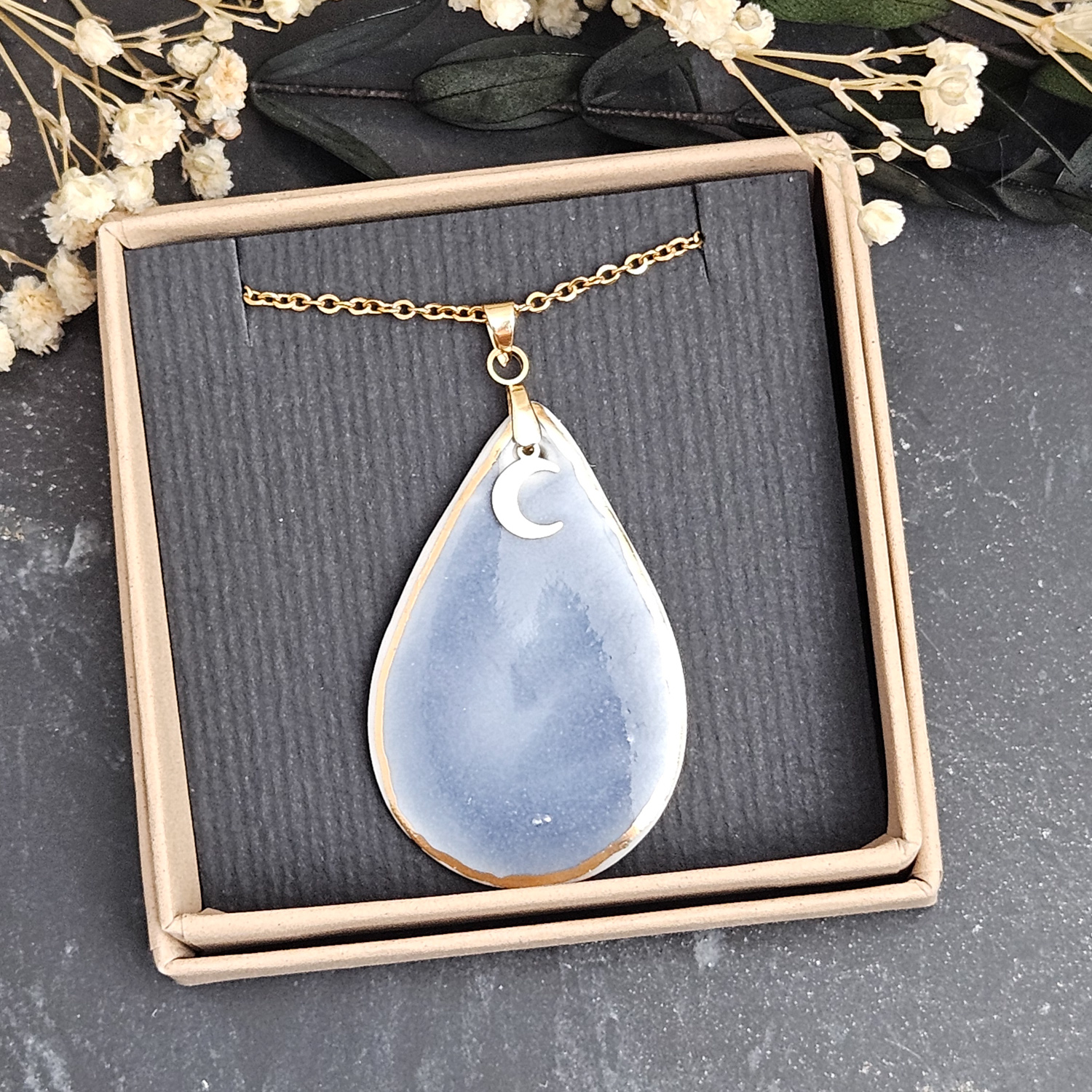 Cobalt blue fine ceramic porcelain designer necklace - embossed plant with 22k gold plating and moon pendant - Image 4