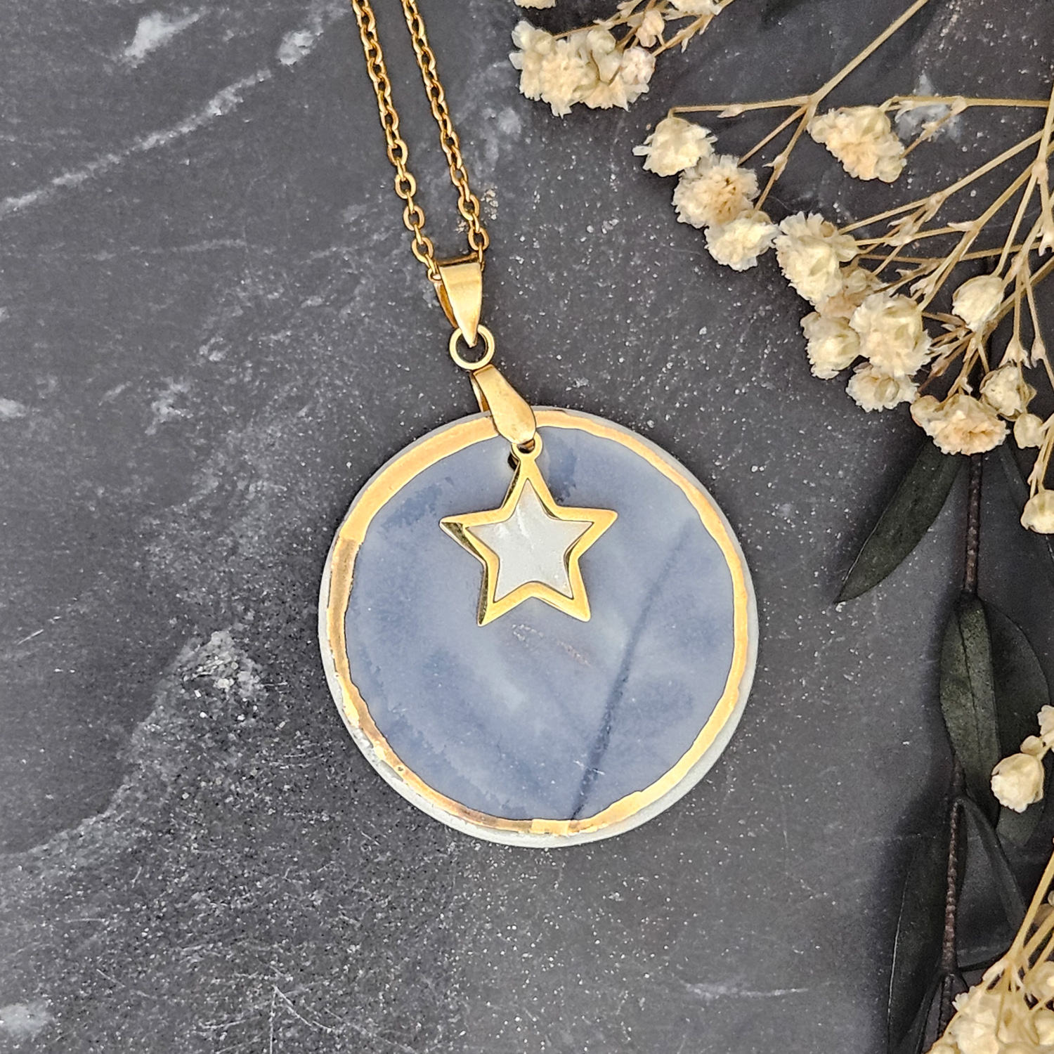 Cobalt blue fine ceramic porcelain designer necklace - embossed plant with 22k gold plating and star pendant