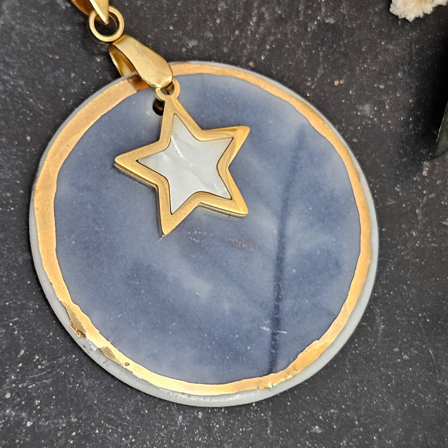 Cobalt blue fine ceramic porcelain designer necklace - embossed plant with 22k gold plating and star pendant - Image 2