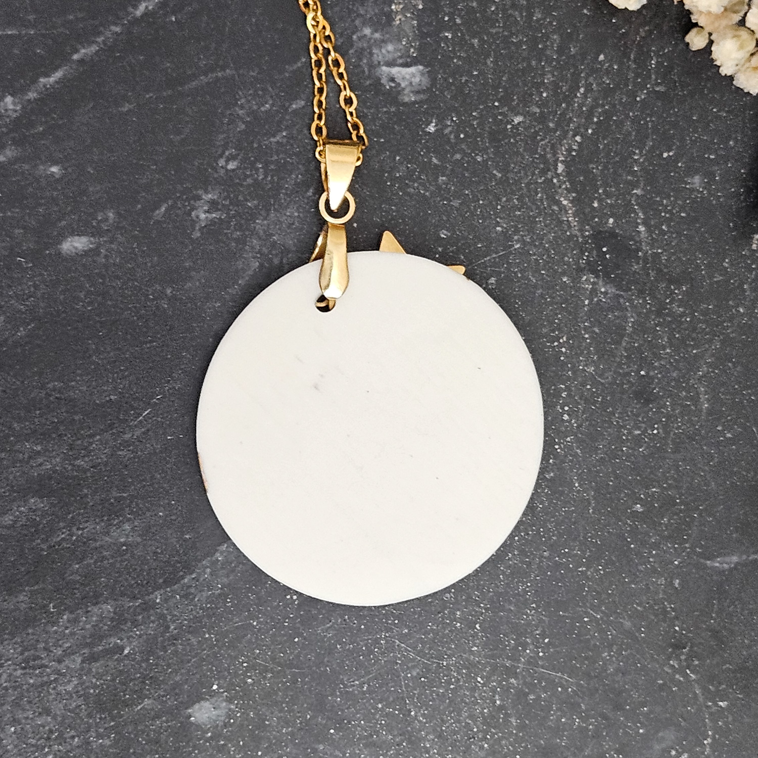Cobalt blue fine ceramic porcelain designer necklace - embossed plant with 22k gold plating and star pendant - Image 3