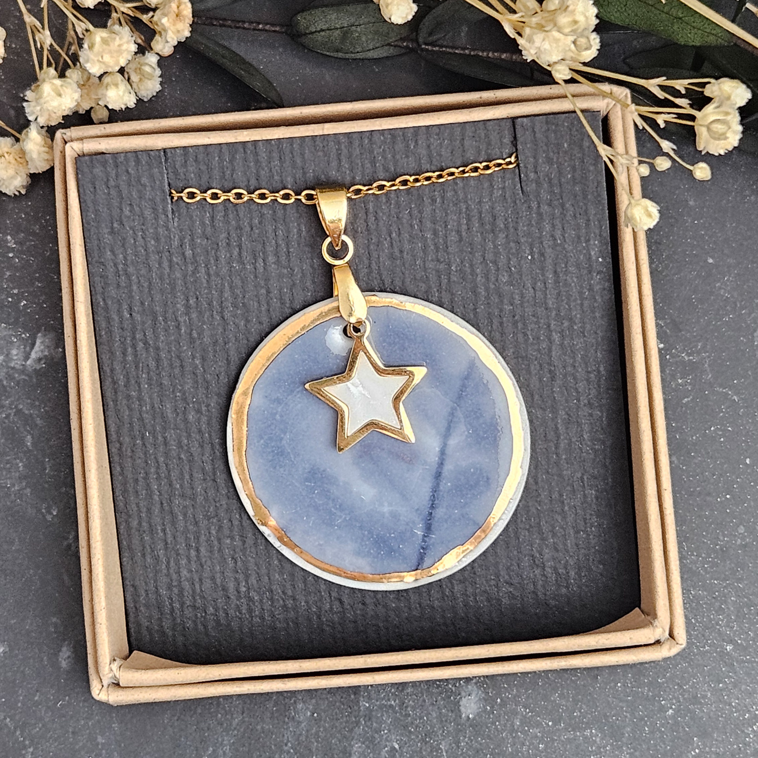 Cobalt blue fine ceramic porcelain designer necklace - embossed plant with 22k gold plating and star pendant - Image 4