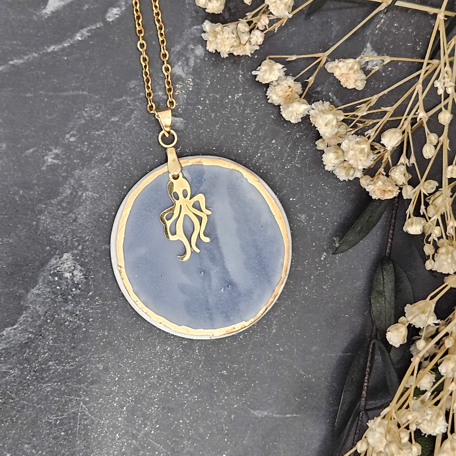 Cobalt blue fine ceramic porcelain designer necklace - embossed plant with 22k gold plating and octopus pendant