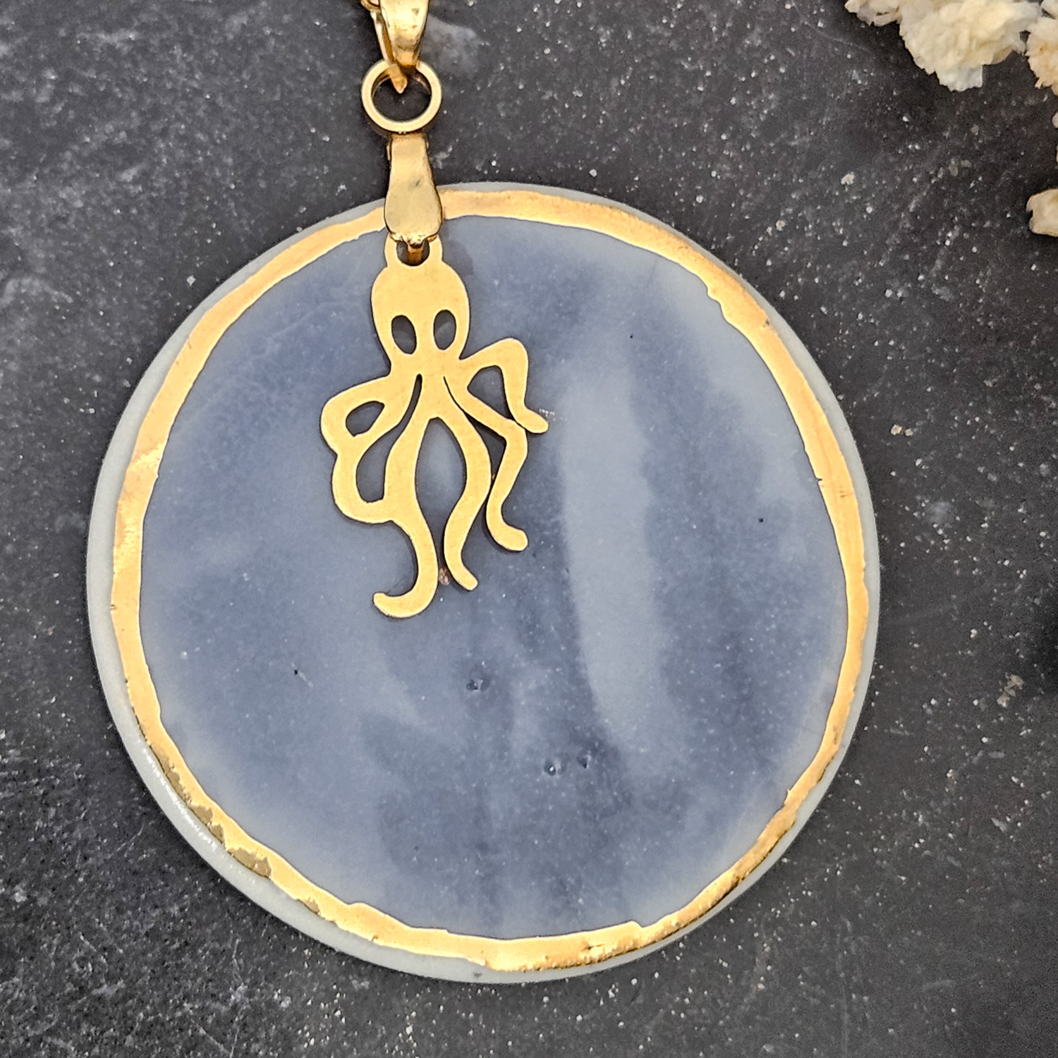 Cobalt blue fine ceramic porcelain designer necklace - embossed plant with 22k gold plating and octopus pendant - Image 2