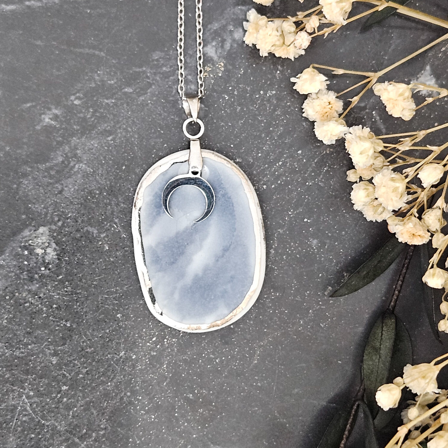 Cobalt blue fine ceramic porcelain designer necklace - embossed plant with silver accents (white gold) and moon pendant