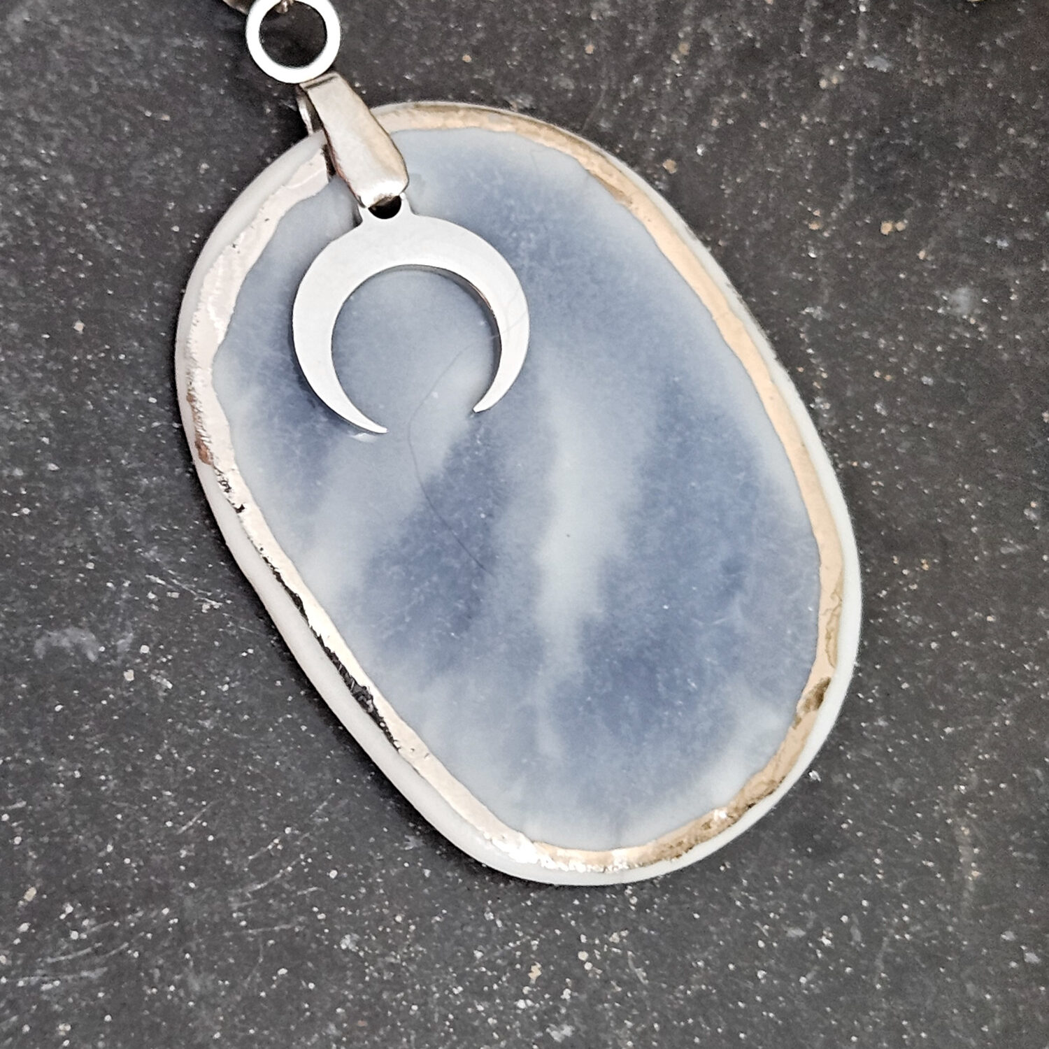 Cobalt blue fine ceramic porcelain designer necklace - embossed plant with silver accents (white gold) and moon pendant - Image 2