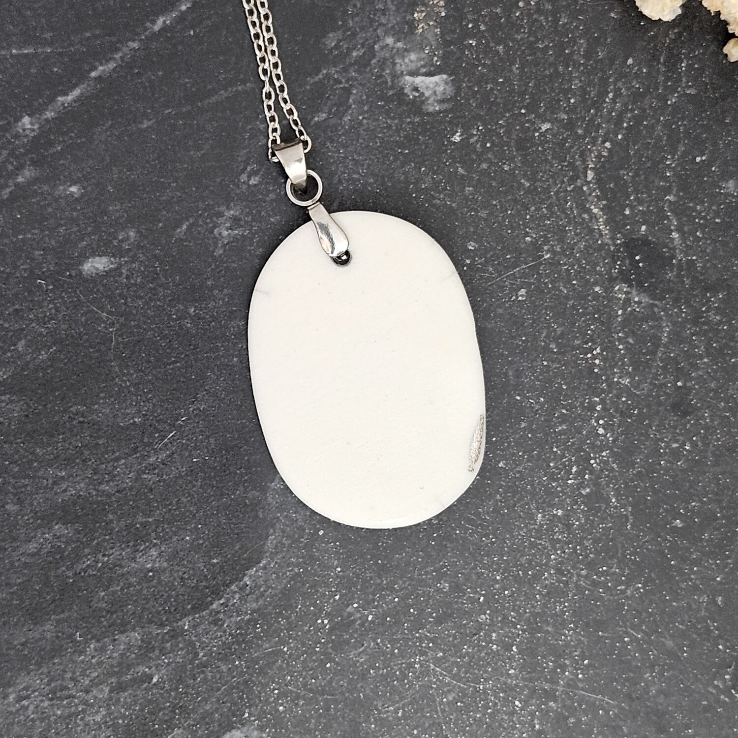 Cobalt blue fine ceramic porcelain designer necklace - embossed plant with silver accents (white gold) and moon pendant - Image 3