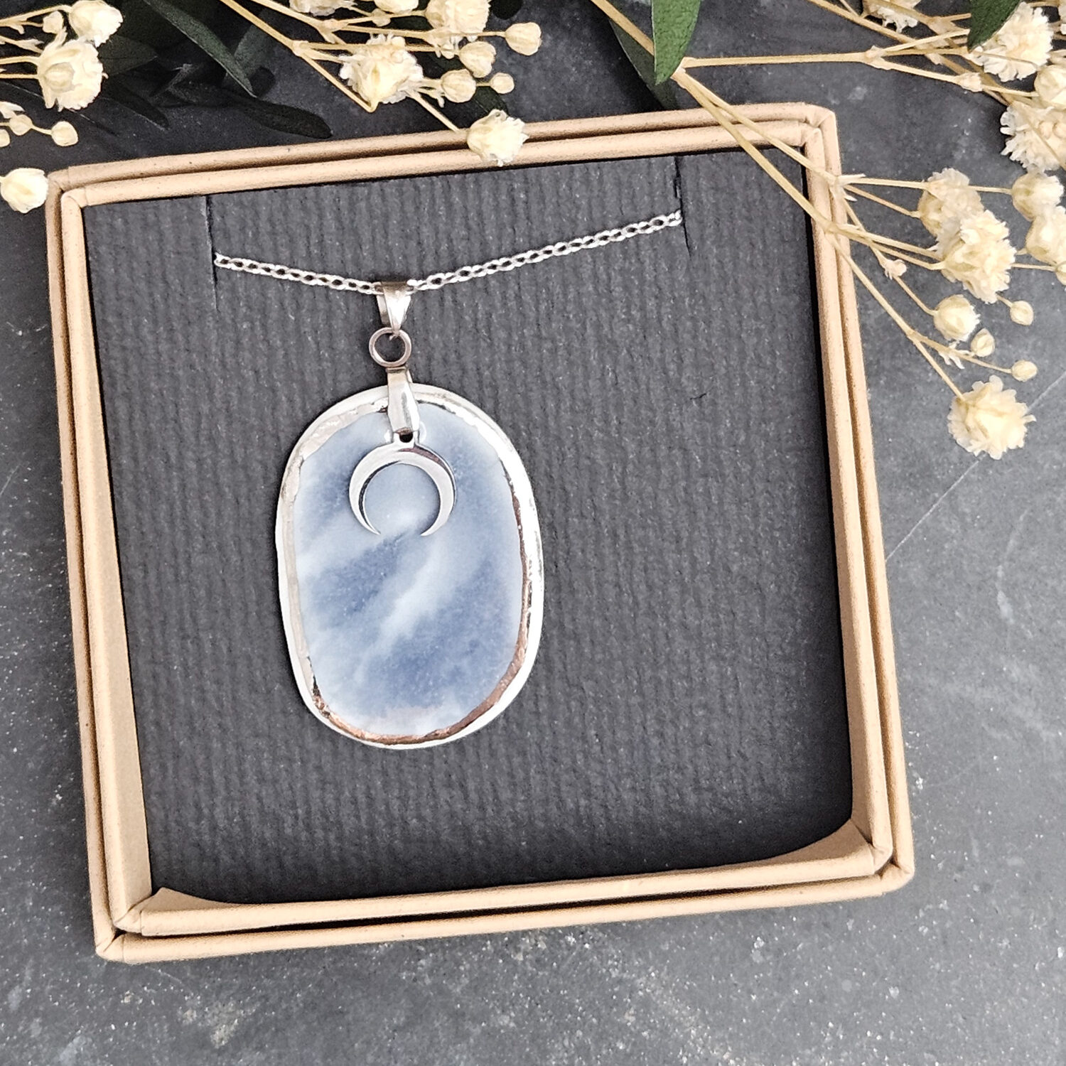 Cobalt blue fine ceramic porcelain designer necklace - embossed plant with silver accents (white gold) and moon pendant - Image 4