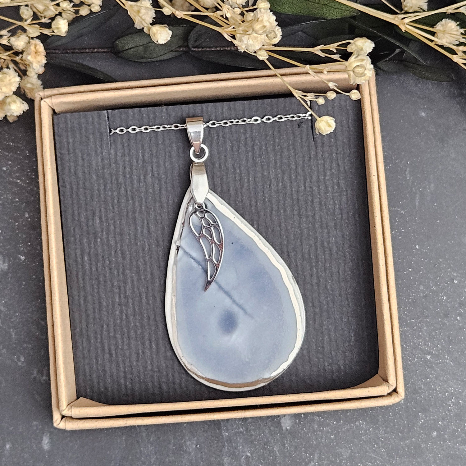 Cobalt blue fine ceramic porcelain designer necklace - embossed plant with silver accents (white gold) and wing pendant - Image 4