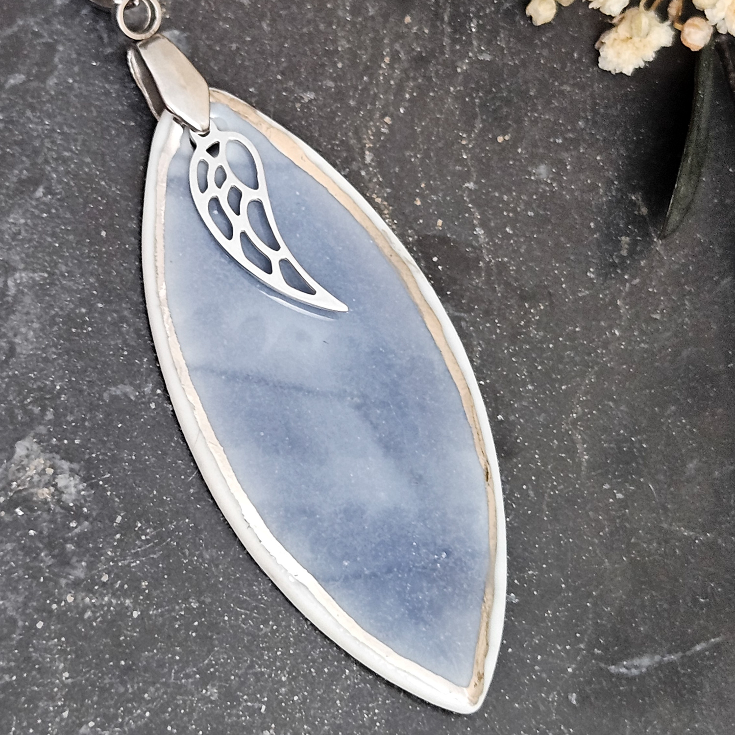 Cobalt blue fine ceramic porcelain designer necklace - embossed plant with silver accents (white gold) and wing pendant - Image 2