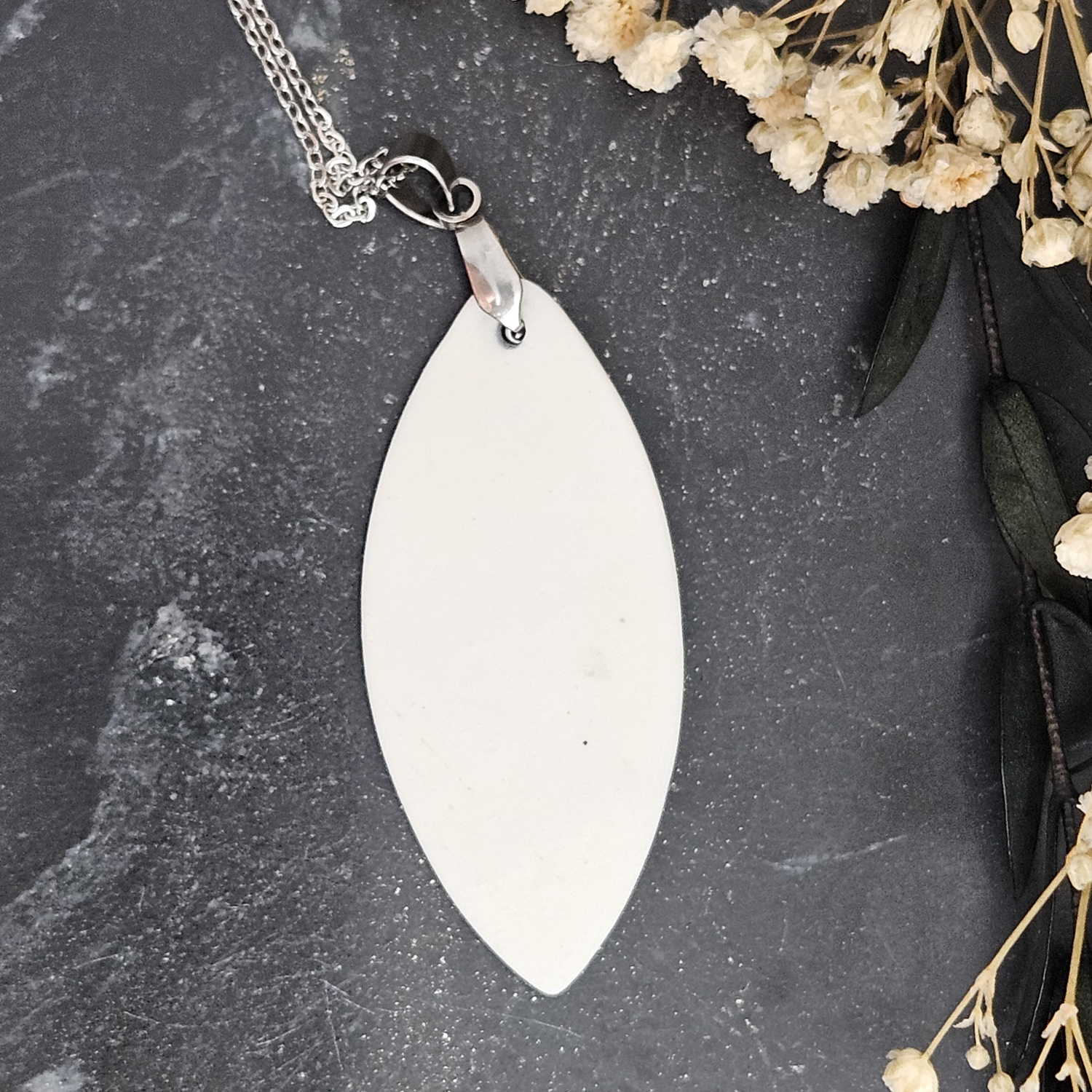 Cobalt blue fine ceramic porcelain designer necklace - embossed plant with silver accents (white gold) and wing pendant - Image 3