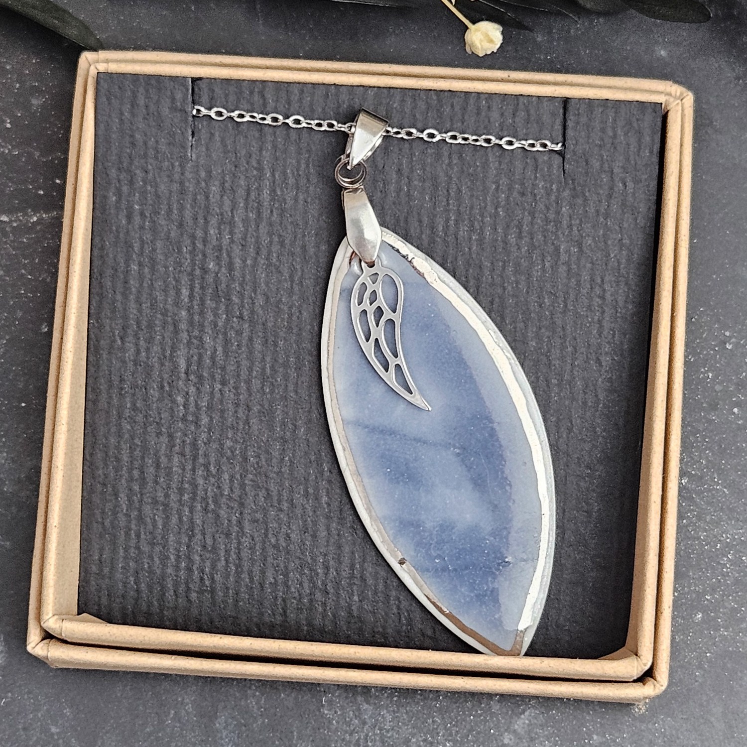 Cobalt blue fine ceramic porcelain designer necklace - embossed plant with silver accents (white gold) and wing pendant - Image 4