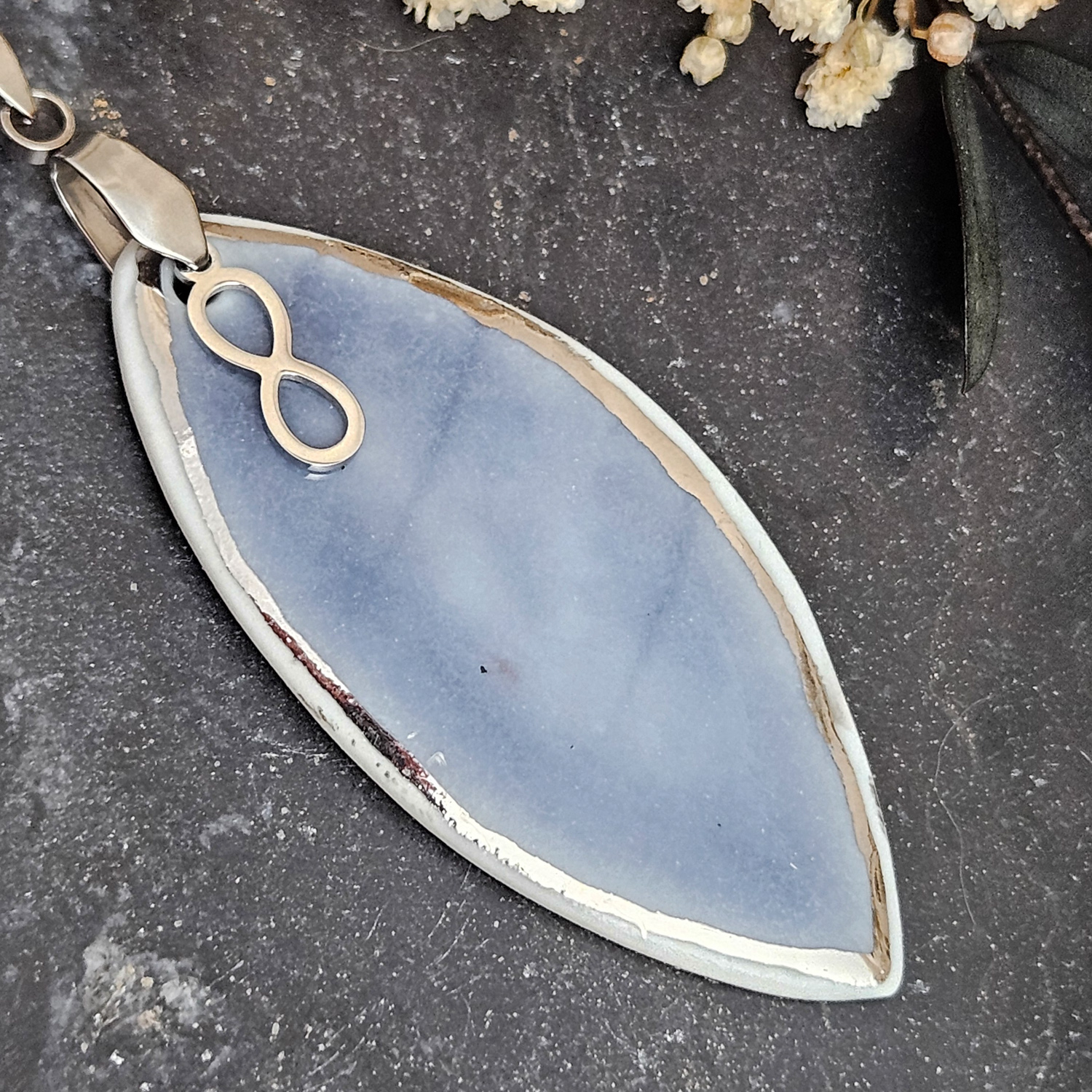 Cobalt blue fine ceramic porcelain designer necklace - embossed plant with silver accents (white gold) and infinity symbol pendant - Image 2