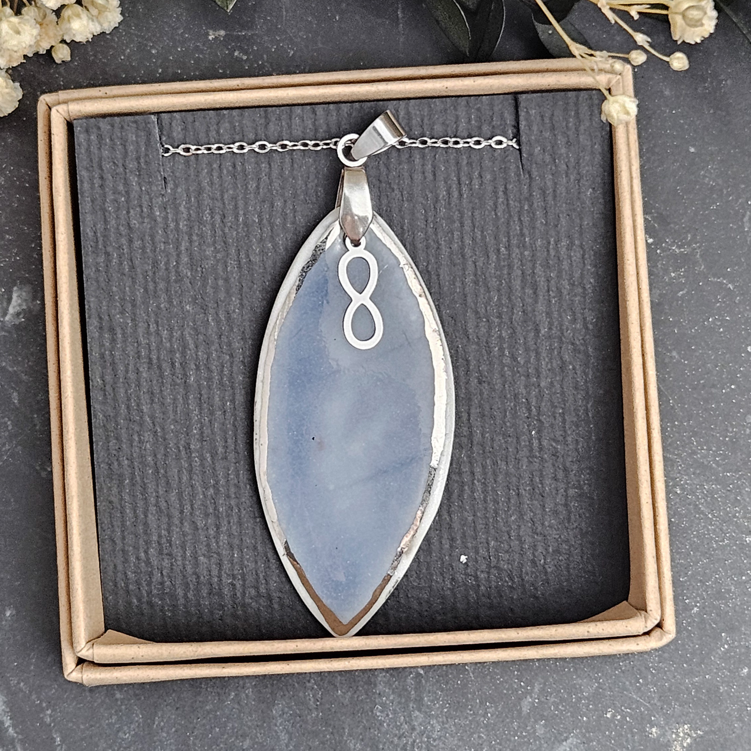 Cobalt blue fine ceramic porcelain designer necklace - embossed plant with silver accents (white gold) and infinity symbol pendant - Image 4