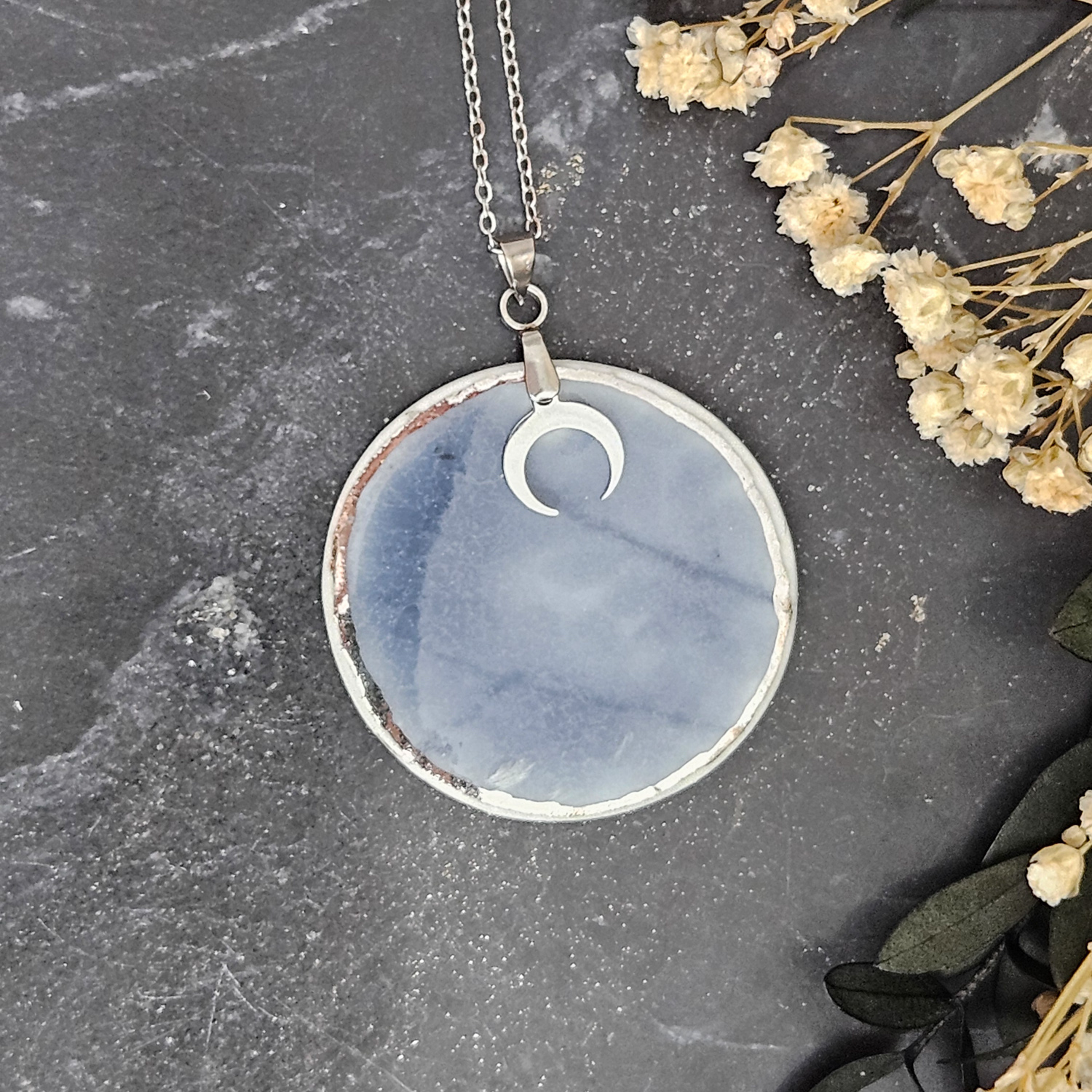 Cobalt blue fine ceramic porcelain designer necklace - embossed plant with silver accents (white gold) and moon pendant