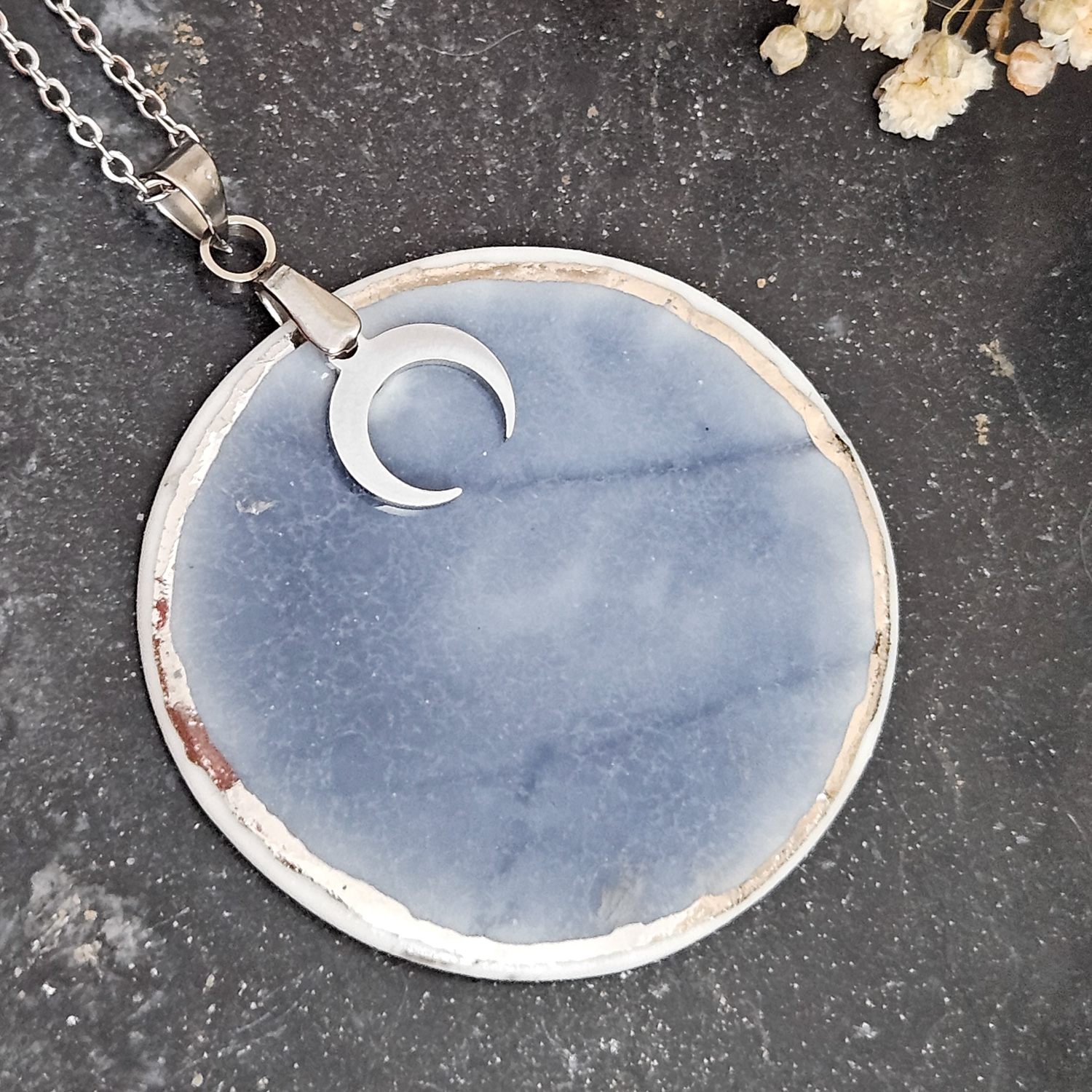 Cobalt blue fine ceramic porcelain designer necklace - embossed plant with silver accents (white gold) and moon pendant - Image 2