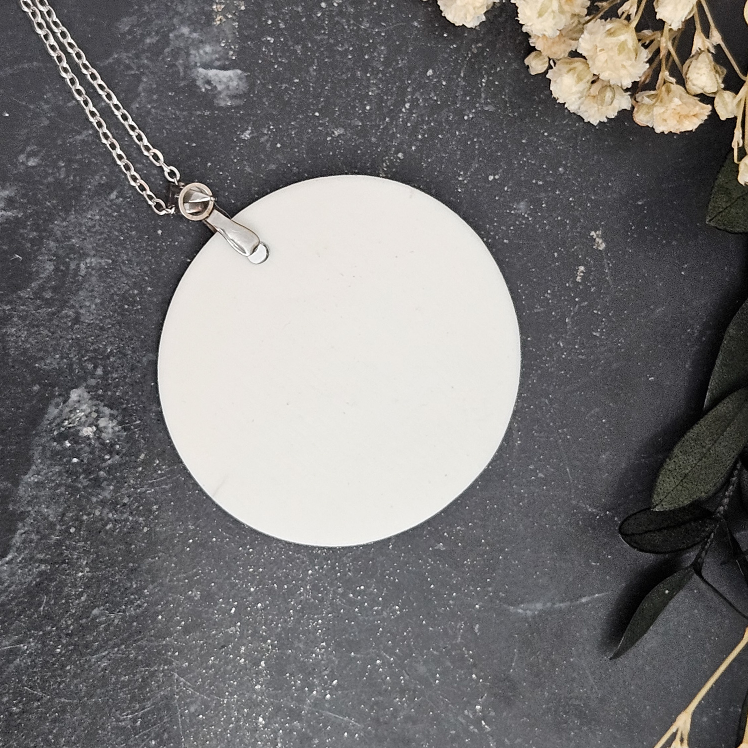 Cobalt blue fine ceramic porcelain designer necklace - embossed plant with silver accents (white gold) and moon pendant - Image 3