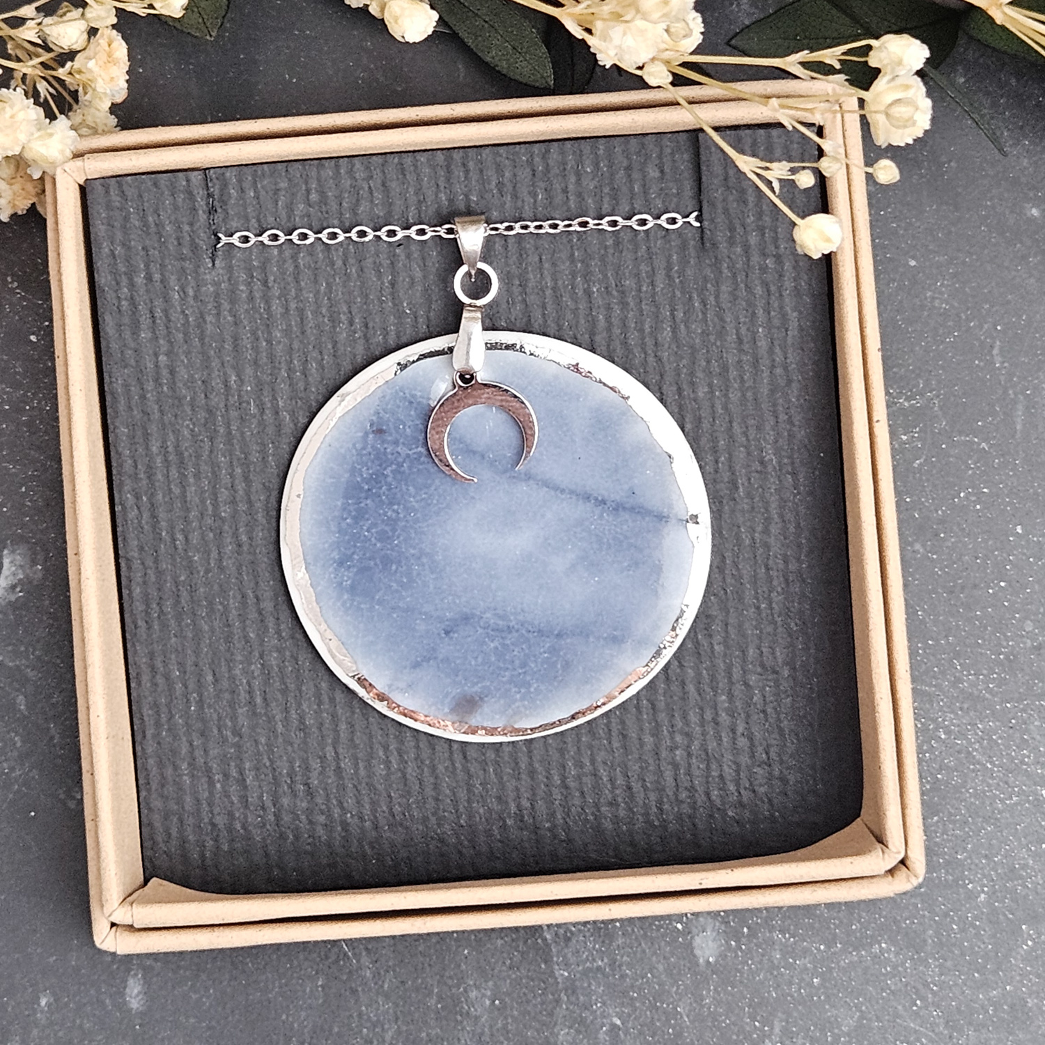 Cobalt blue fine ceramic porcelain designer necklace - embossed plant with silver accents (white gold) and moon pendant - Image 4