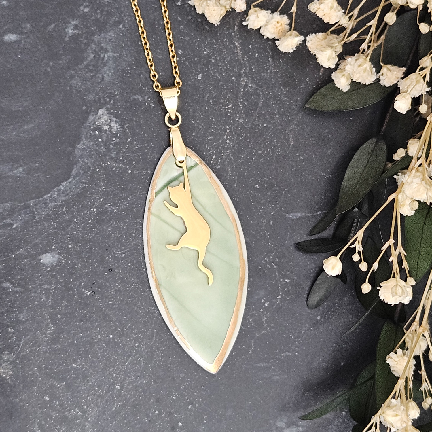 Emerald green fine ceramic porcelain designer necklace - embossed plant with 22k gold plating and cat pendant