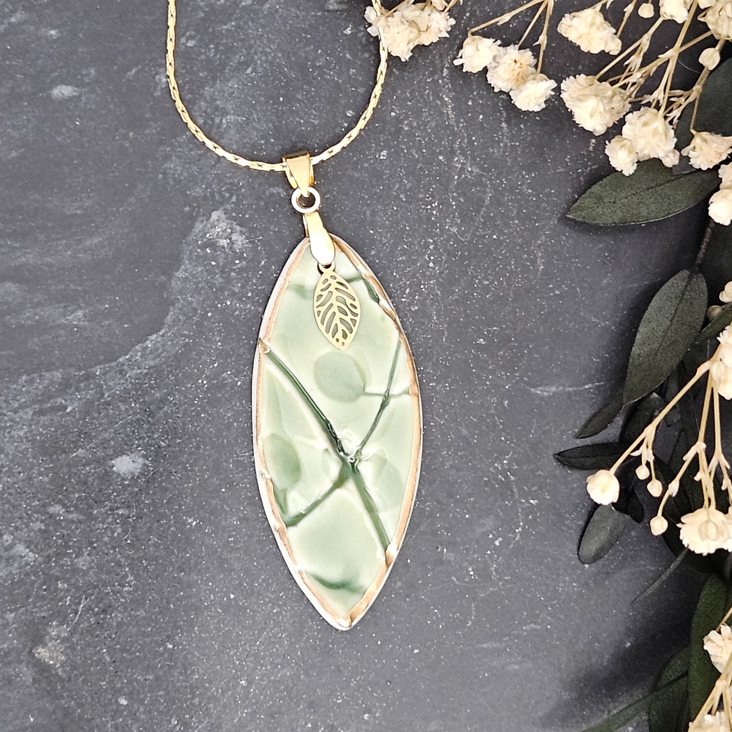 Emerald green fine ceramic porcelain designer necklace - embossed plant with 22k gold plating and leaf pendant